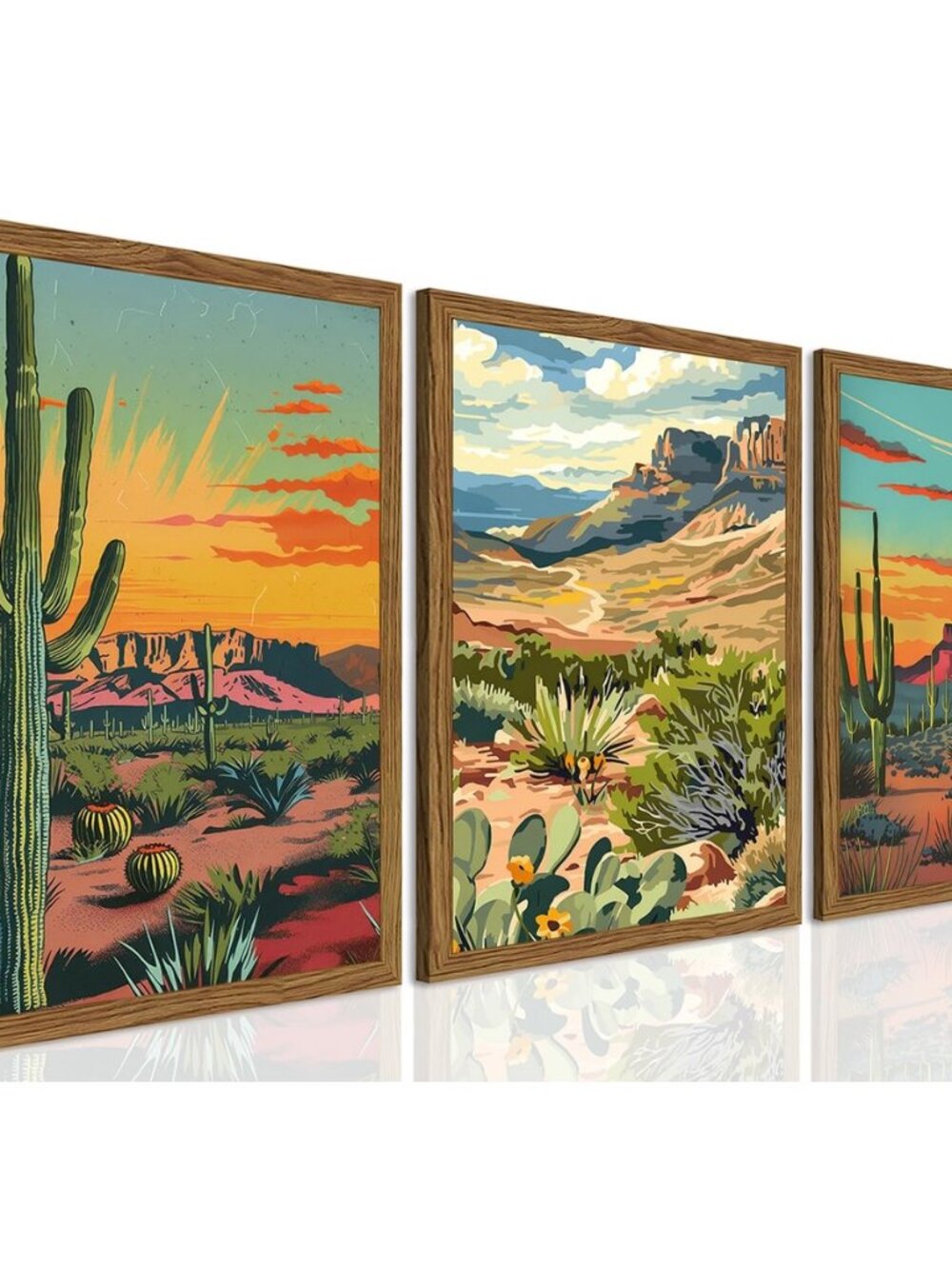 Framed Desert Landscape Wall Art Set of 3, Vintage Mexican Cactus Wall Decor